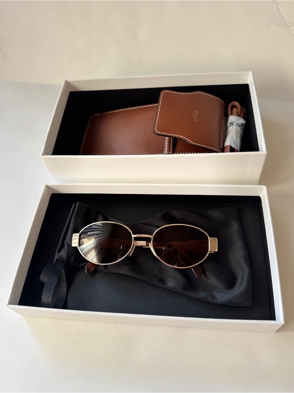 Celine Gold-Tone Frame Sunglasses with Brown Lenses and Brown Leather Case